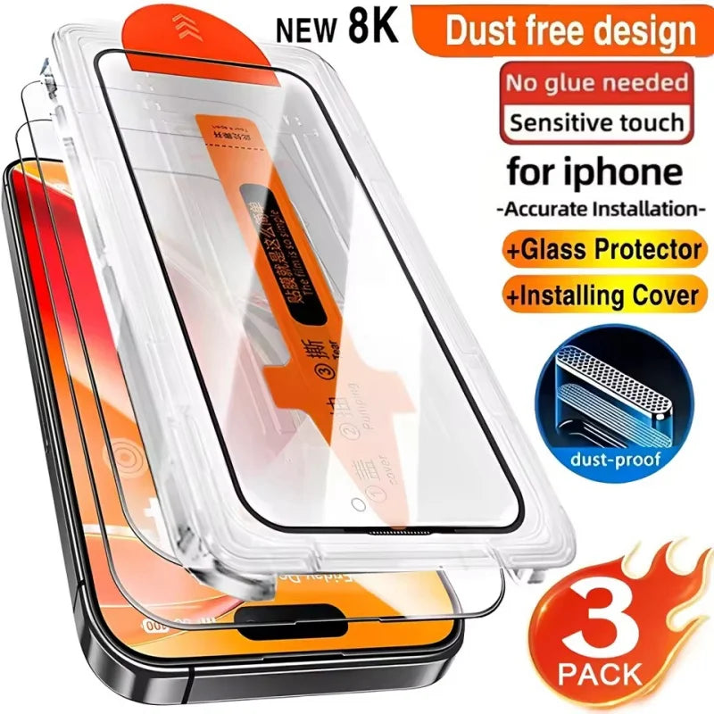 3pcs HD Tempered Glass Screen Protectors for iPhone 17 16 Pro Max 15 14 11 12 13 mini Scratch-Proof Dust-Free Installation
